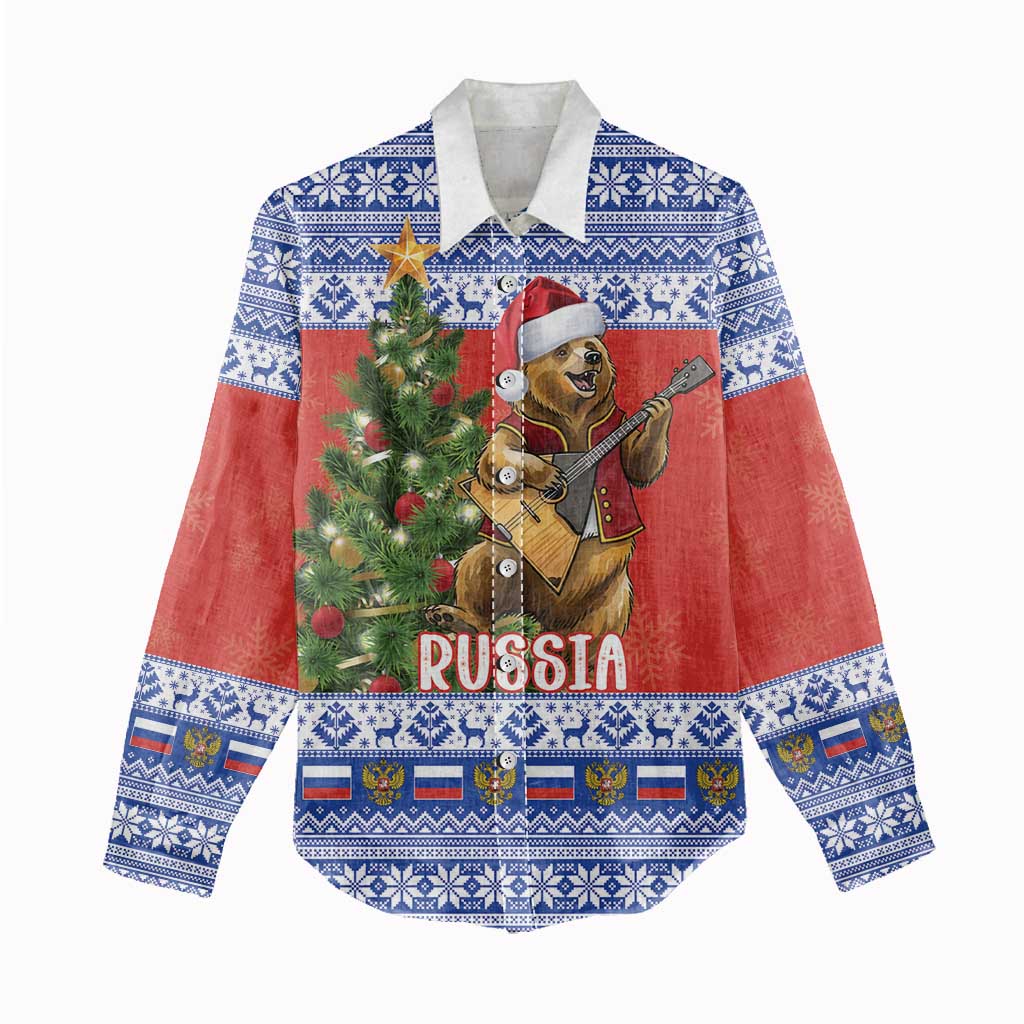 Russia Christmas Women Casual Shirt Brown Bear Playing Balalaika - Wonder Print Shop