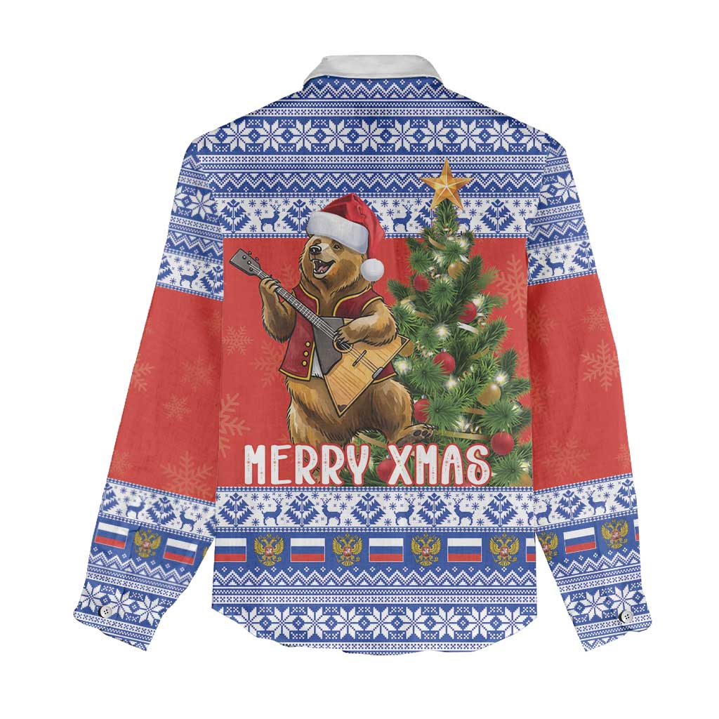 Russia Christmas Women Casual Shirt Brown Bear Playing Balalaika - Wonder Print Shop