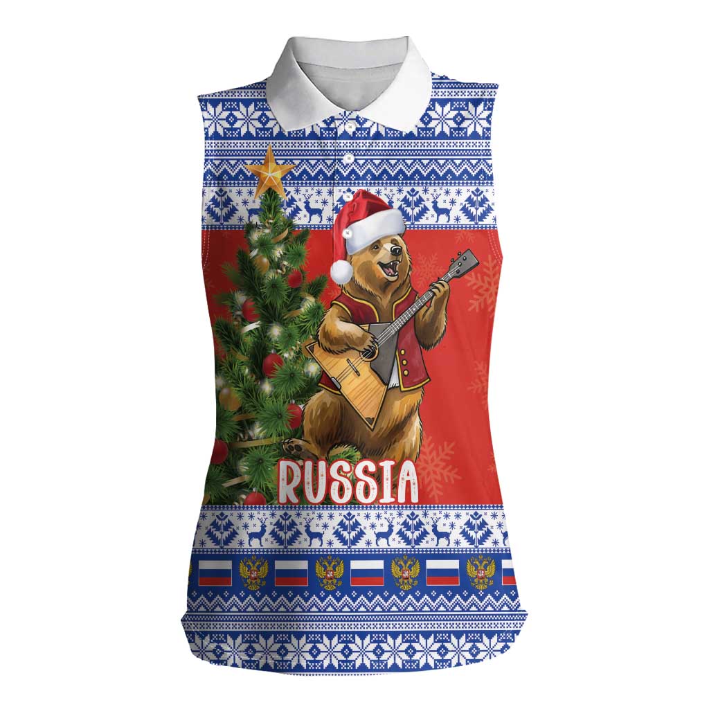Russia Christmas Women Sleeveless Polo Shirt Brown Bear Playing Balalaika - Wonder Print Shop