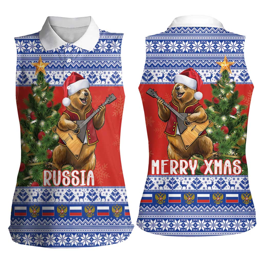Russia Christmas Women Sleeveless Polo Shirt Brown Bear Playing Balalaika - Wonder Print Shop