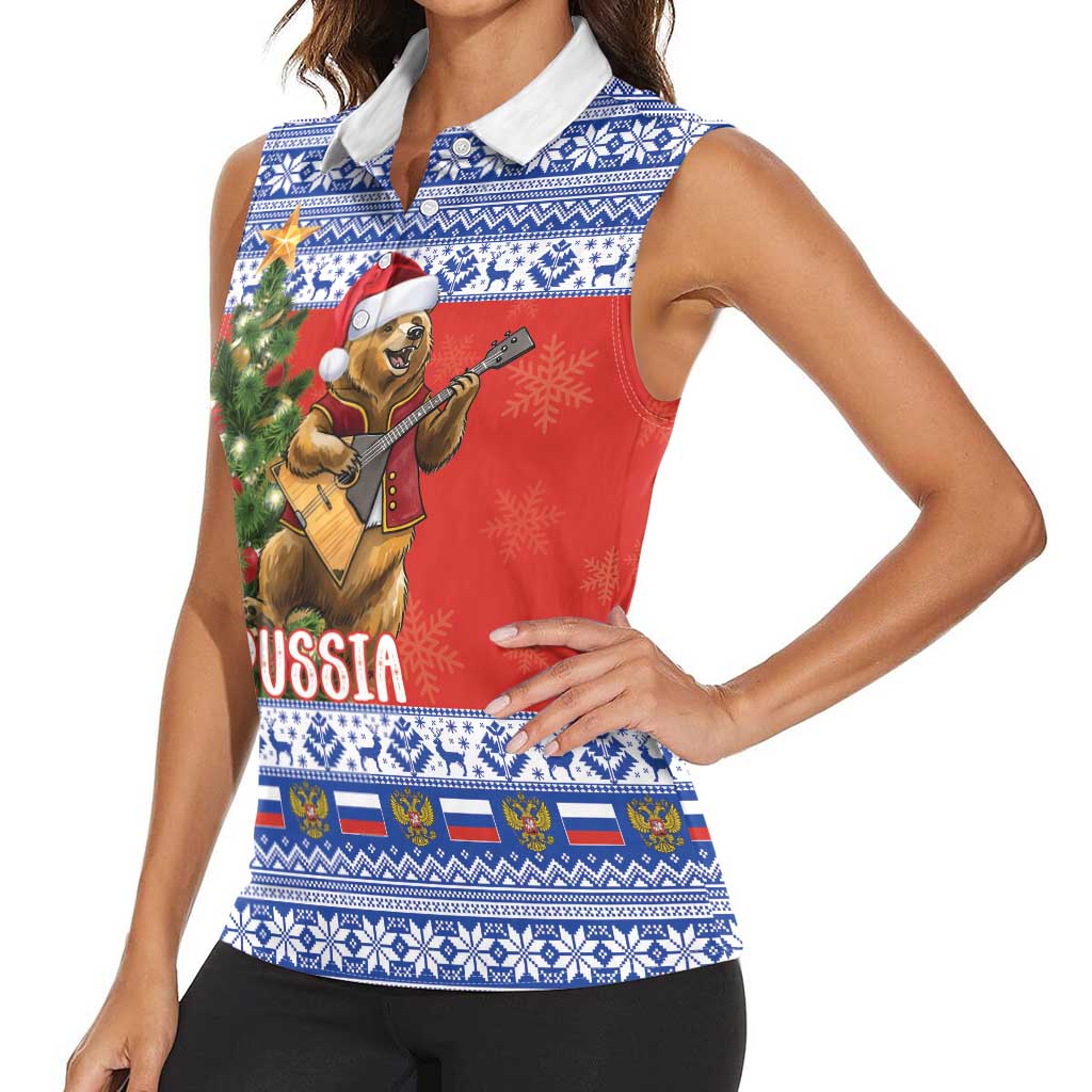 Russia Christmas Women Sleeveless Polo Shirt Brown Bear Playing Balalaika - Wonder Print Shop