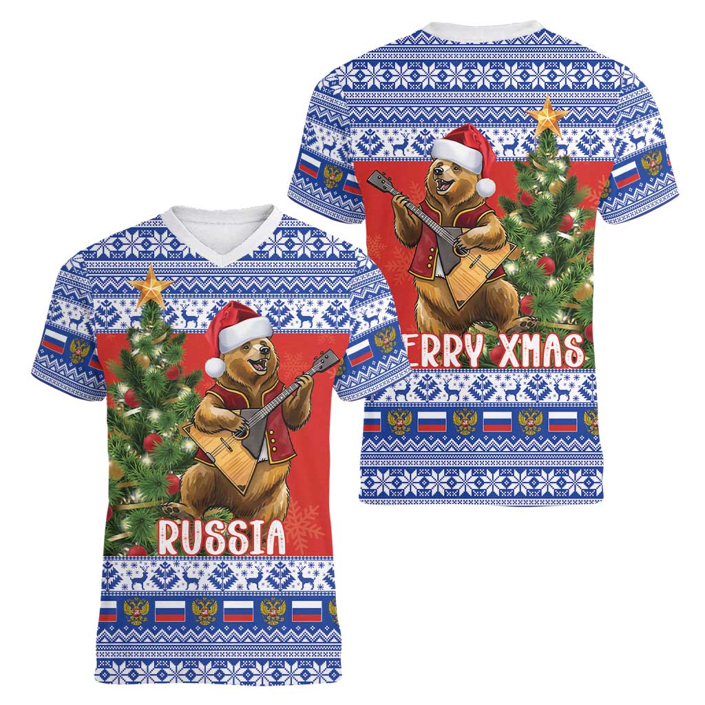 Russia Christmas Women V-Neck T-Shirt Brown Bear Playing Balalaika - Wonder Print Shop