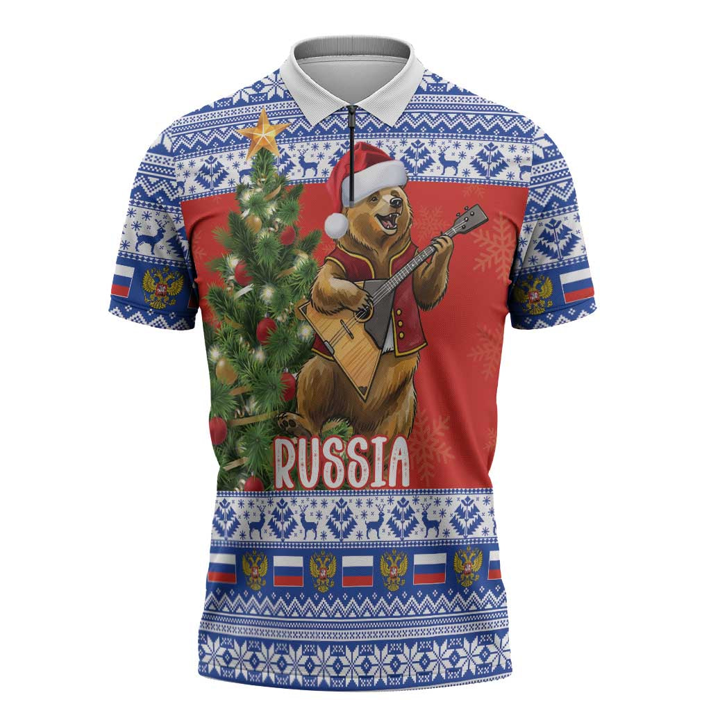Russia Christmas Zipper Polo Shirt Brown Bear Playing Balalaika - Wonder Print Shop