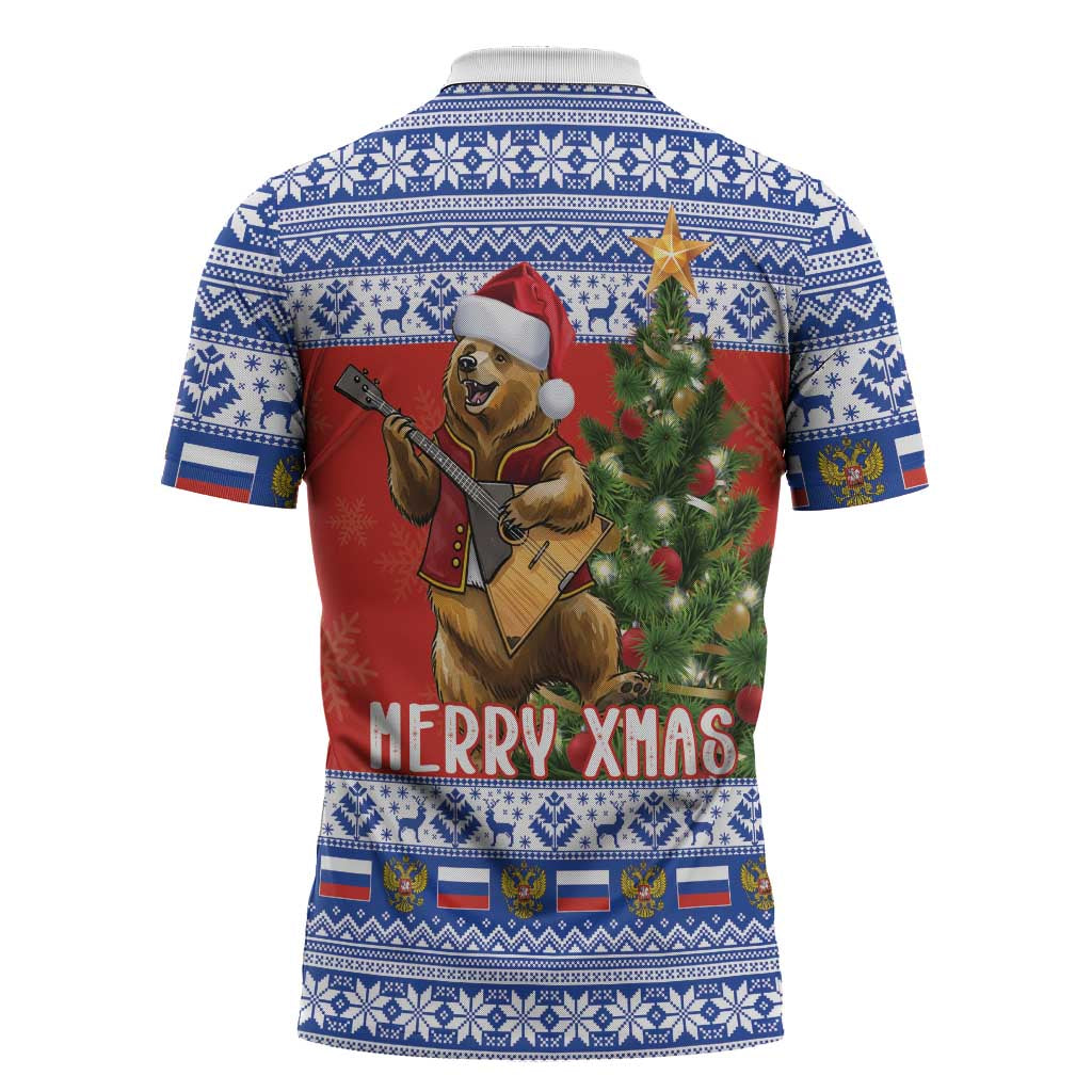 Russia Christmas Zipper Polo Shirt Brown Bear Playing Balalaika - Wonder Print Shop