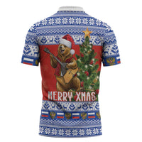Russia Christmas Zipper Polo Shirt Brown Bear Playing Balalaika - Wonder Print Shop