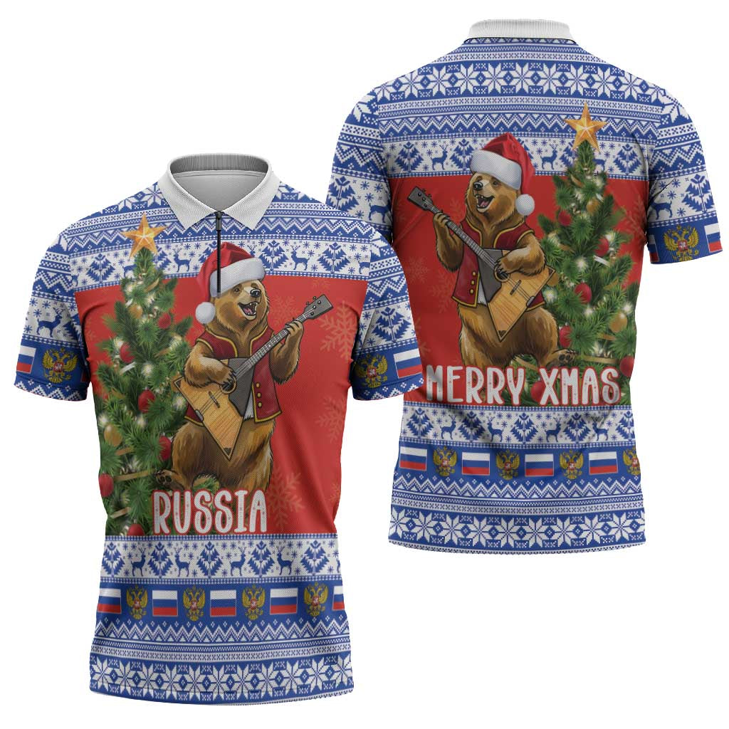 Russia Christmas Zipper Polo Shirt Brown Bear Playing Balalaika - Wonder Print Shop
