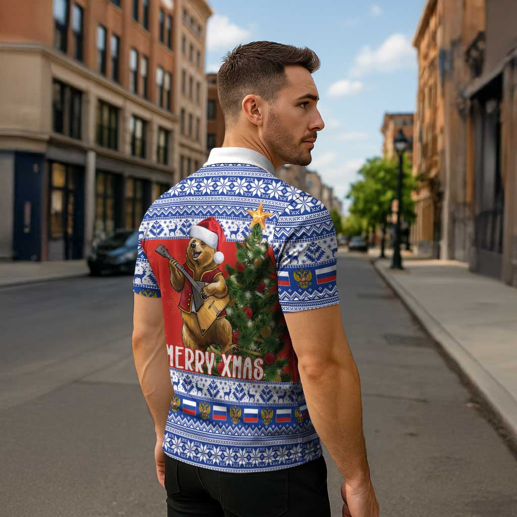 Russia Christmas Zipper Polo Shirt Brown Bear Playing Balalaika - Wonder Print Shop