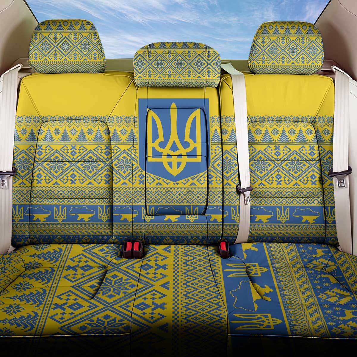 Ukraine Trident Christmas Back Car Seat Cover Vyshyvanka Patterns - Wonder Print Shop