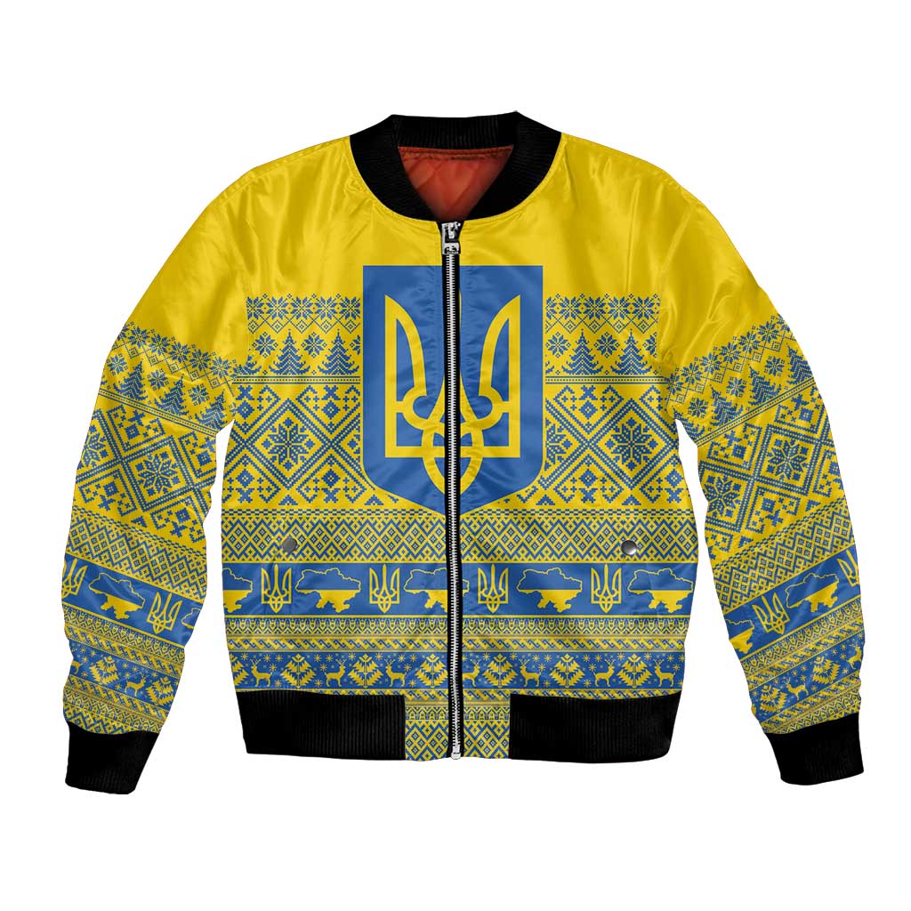 Ukraine Trident Christmas Bomber Jacket Vyshyvanka Patterns - Wonder Print Shop