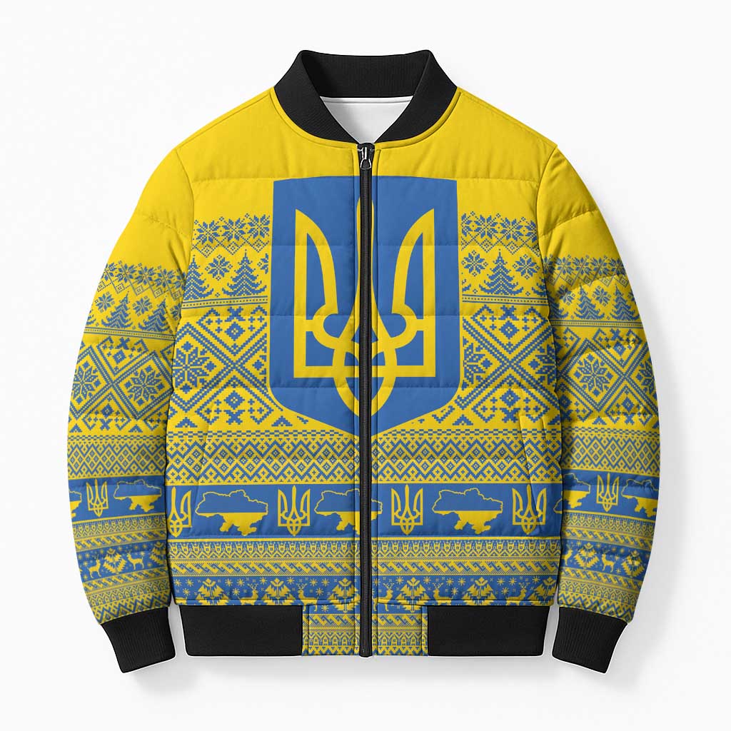 Ukraine Trident Christmas Bomber Puffer Jacket Vyshyvanka Patterns - Wonder Print Shop