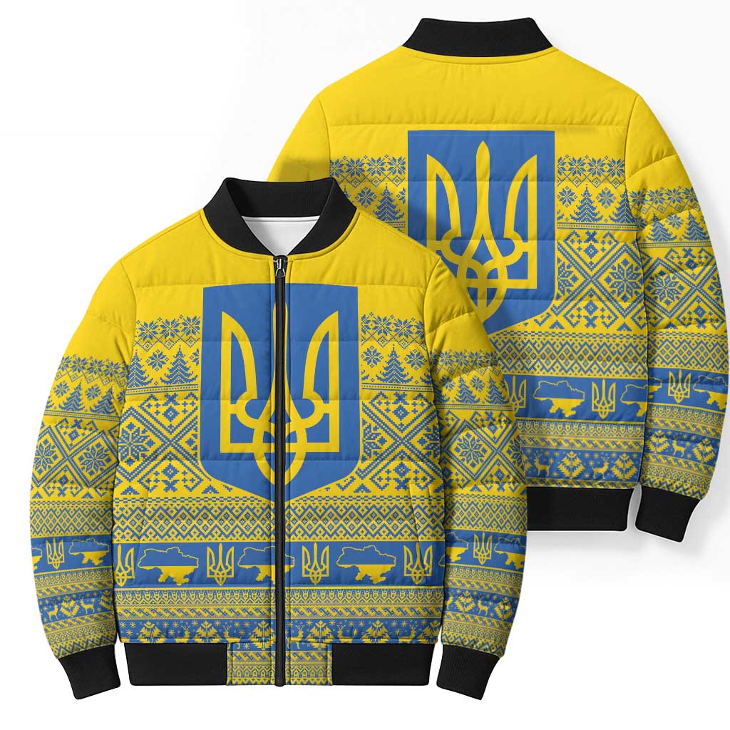Ukraine Trident Christmas Bomber Puffer Jacket Vyshyvanka Patterns - Wonder Print Shop