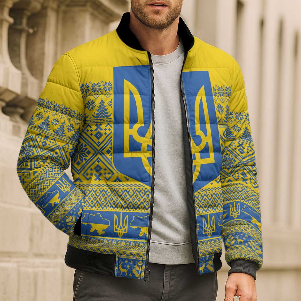 Ukraine Trident Christmas Bomber Puffer Jacket Vyshyvanka Patterns - Wonder Print Shop
