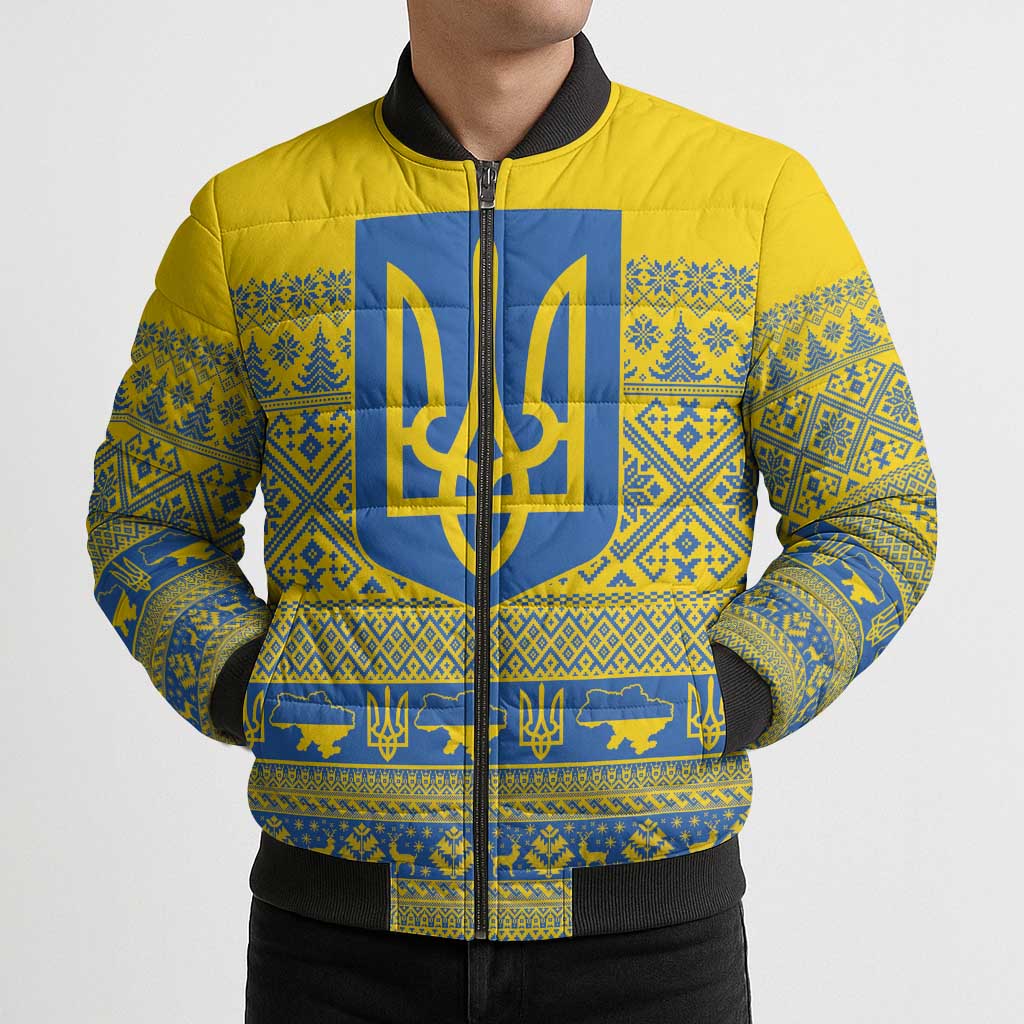 Ukraine Trident Christmas Bomber Puffer Jacket Vyshyvanka Patterns - Wonder Print Shop