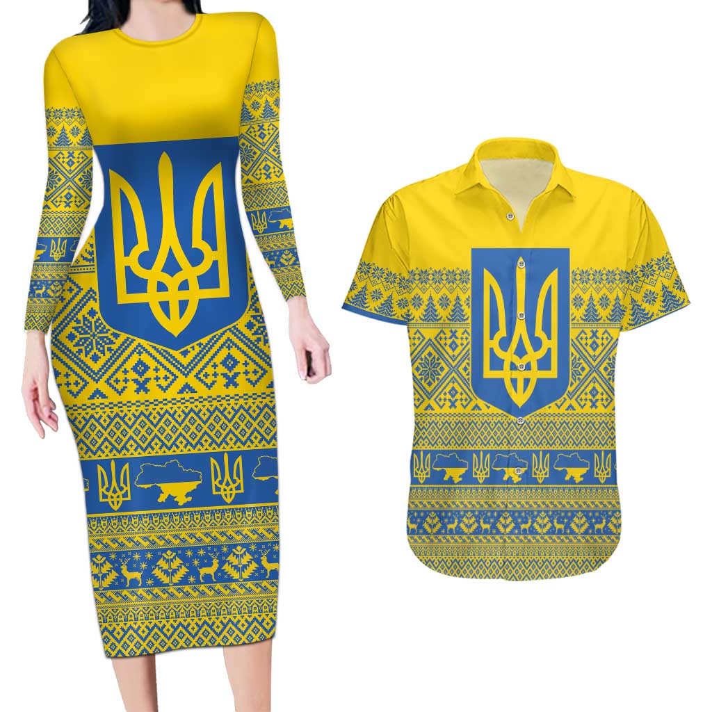 Ukraine Trident Christmas Couples Matching Long Sleeve Bodycon Dress and Hawaiian Shirt Vyshyvanka Patterns - Wonder Print Shop