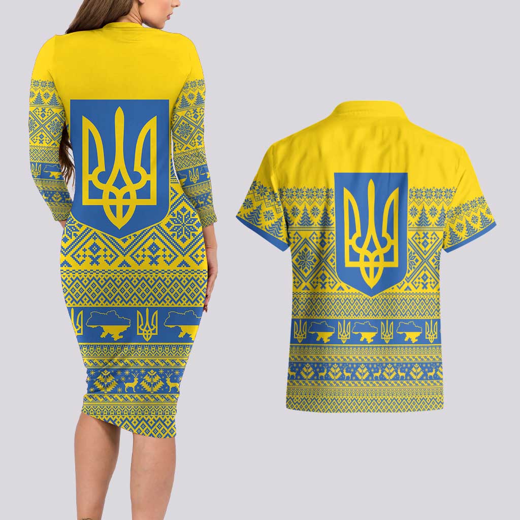 Ukraine Trident Christmas Couples Matching Long Sleeve Bodycon Dress and Hawaiian Shirt Vyshyvanka Patterns - Wonder Print Shop
