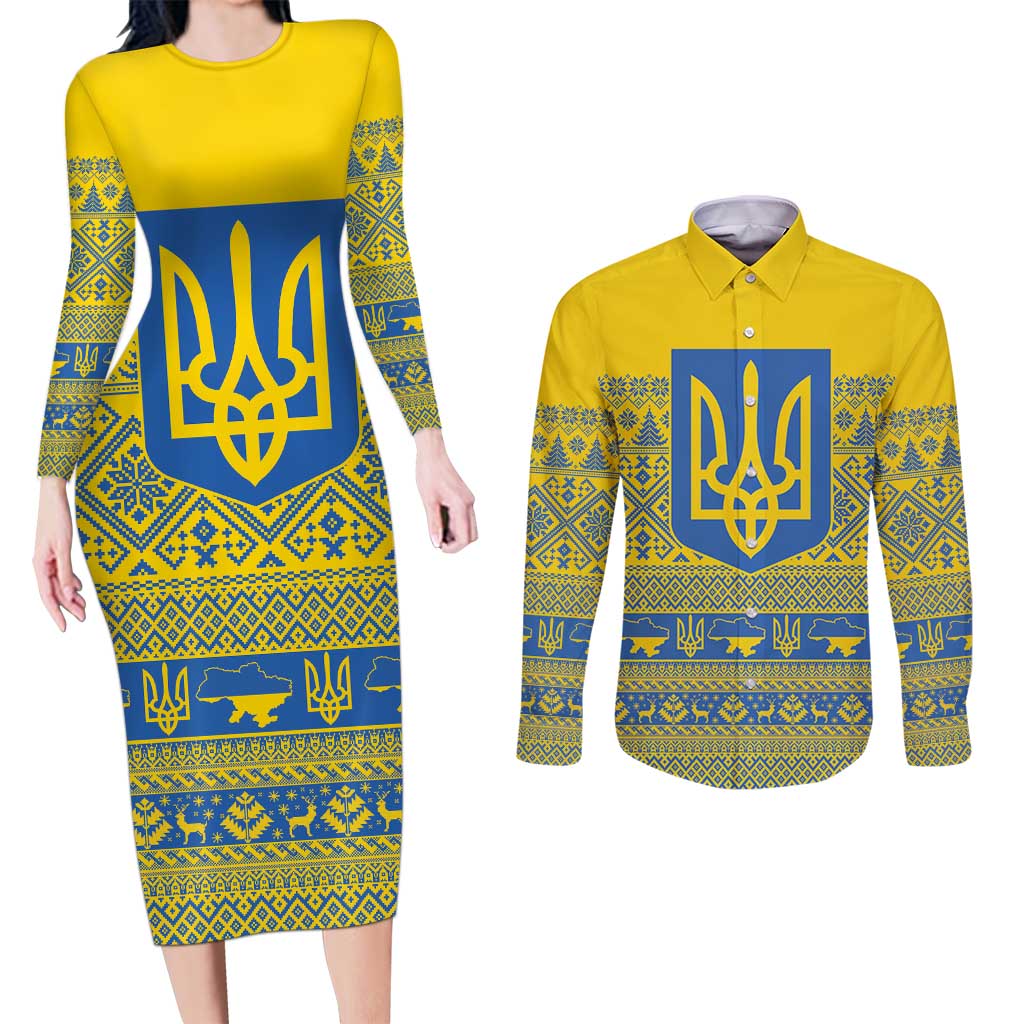 Ukraine Trident Christmas Couples Matching Long Sleeve Bodycon Dress and Long Sleeve Button Shirt Vyshyvanka Patterns - Wonder Print Shop