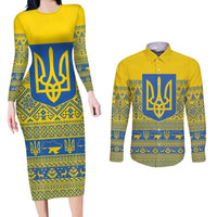 Ukraine Trident Christmas Couples Matching Long Sleeve Bodycon Dress and Long Sleeve Button Shirt Vyshyvanka Patterns - Wonder Print Shop