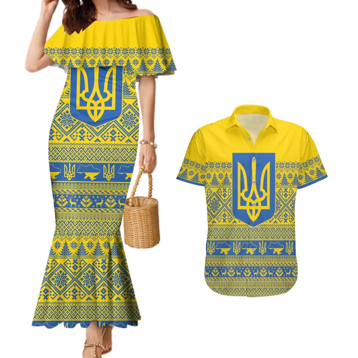 Ukraine Trident Christmas Couples Matching Mermaid Dress and Hawaiian Shirt Vyshyvanka Patterns - Wonder Print Shop