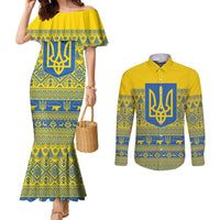 Ukraine Trident Christmas Couples Matching Mermaid Dress and Long Sleeve Button Shirt Vyshyvanka Patterns - Wonder Print Shop