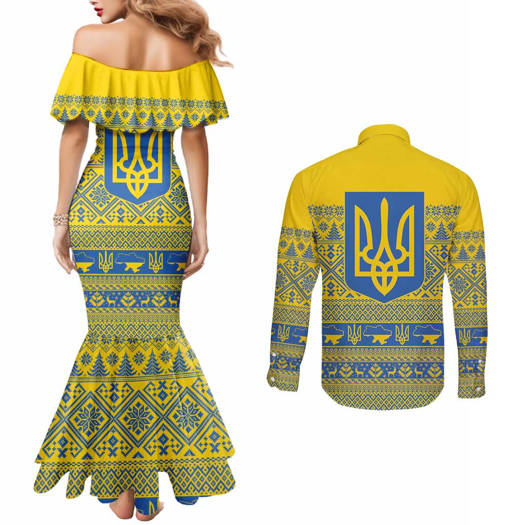 Ukraine Trident Christmas Couples Matching Mermaid Dress and Long Sleeve Button Shirt Vyshyvanka Patterns - Wonder Print Shop