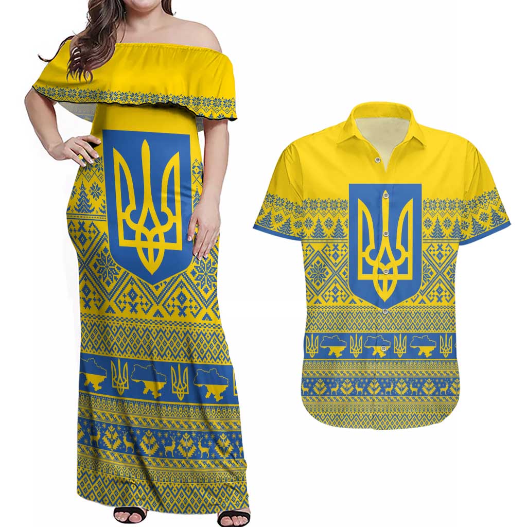 Ukraine Trident Christmas Couples Matching Off Shoulder Maxi Dress and Hawaiian Shirt Vyshyvanka Patterns - Wonder Print Shop