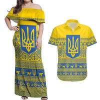 Ukraine Trident Christmas Couples Matching Off Shoulder Maxi Dress and Hawaiian Shirt Vyshyvanka Patterns - Wonder Print Shop
