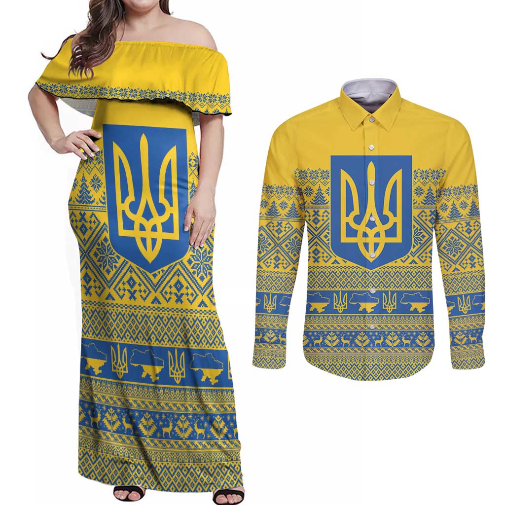 Ukraine Trident Christmas Couples Matching Off Shoulder Maxi Dress and Long Sleeve Button Shirt Vyshyvanka Patterns - Wonder Print Shop