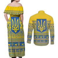 Ukraine Trident Christmas Couples Matching Off Shoulder Maxi Dress and Long Sleeve Button Shirt Vyshyvanka Patterns - Wonder Print Shop