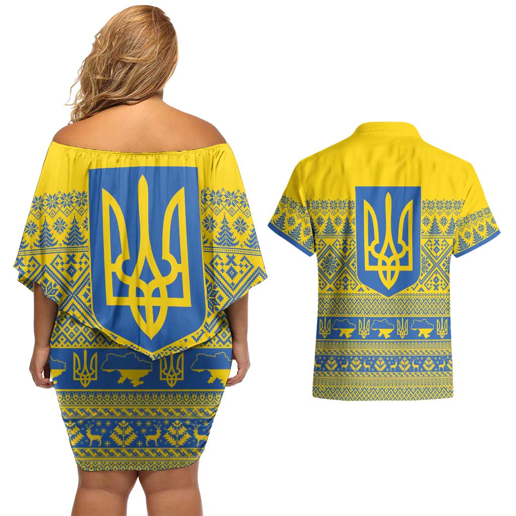 Ukraine Trident Christmas Couples Matching Off Shoulder Short Dress and Hawaiian Shirt Vyshyvanka Patterns - Wonder Print Shop