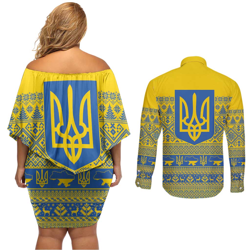 Ukraine Trident Christmas Couples Matching Off Shoulder Short Dress and Long Sleeve Button Shirt Vyshyvanka Patterns - Wonder Print Shop