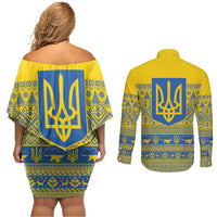 Ukraine Trident Christmas Couples Matching Off Shoulder Short Dress and Long Sleeve Button Shirt Vyshyvanka Patterns - Wonder Print Shop