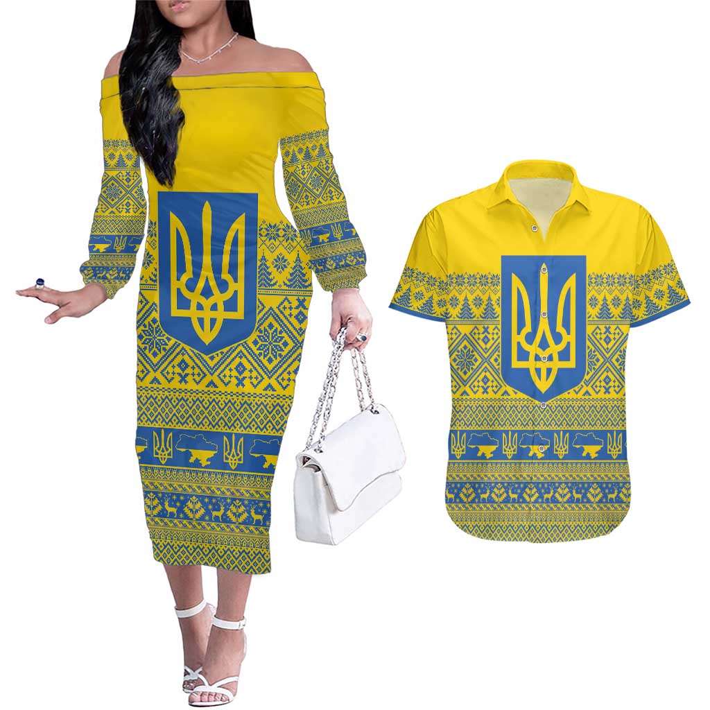 Ukraine Trident Christmas Couples Matching Off The Shoulder Long Sleeve Dress and Hawaiian Shirt Vyshyvanka Patterns - Wonder Print Shop