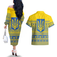 Ukraine Trident Christmas Couples Matching Off The Shoulder Long Sleeve Dress and Hawaiian Shirt Vyshyvanka Patterns - Wonder Print Shop