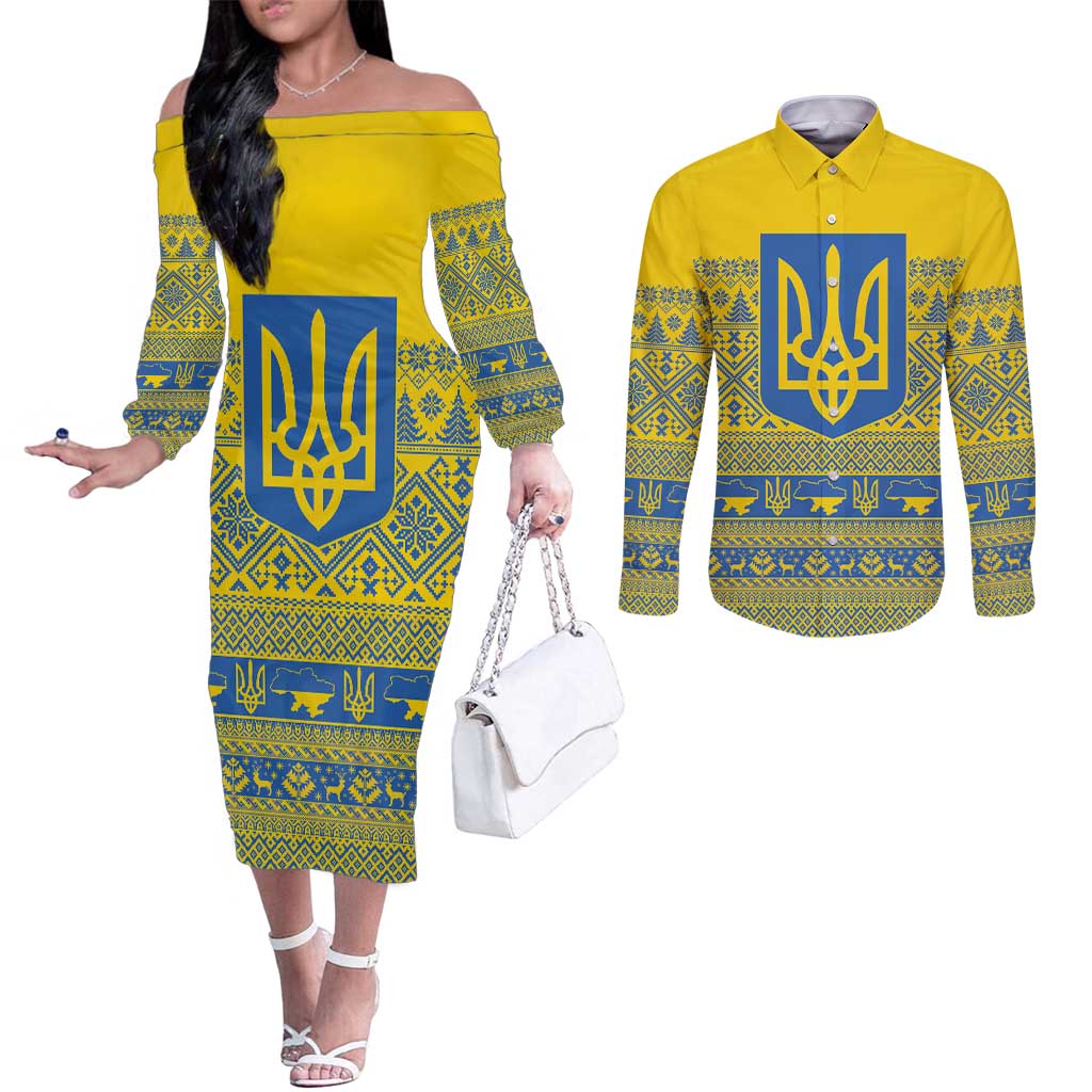 Ukraine Trident Christmas Couples Matching Off The Shoulder Long Sleeve Dress and Long Sleeve Button Shirt Vyshyvanka Patterns - Wonder Print Shop