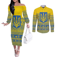 Ukraine Trident Christmas Couples Matching Off The Shoulder Long Sleeve Dress and Long Sleeve Button Shirt Vyshyvanka Patterns - Wonder Print Shop