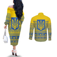 Ukraine Trident Christmas Couples Matching Off The Shoulder Long Sleeve Dress and Long Sleeve Button Shirt Vyshyvanka Patterns - Wonder Print Shop