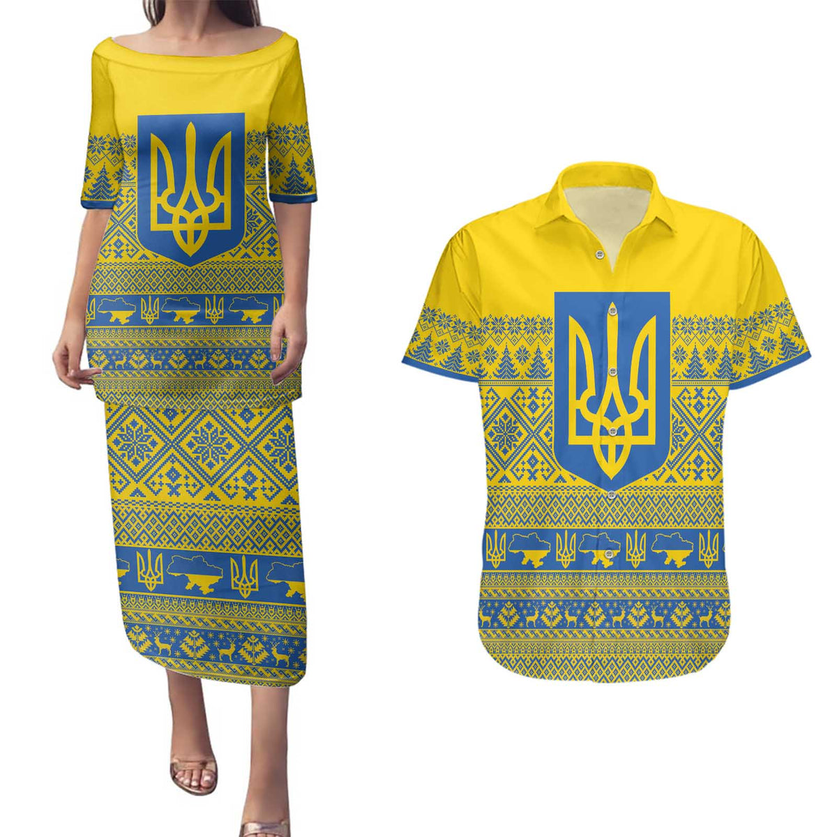 Ukraine Trident Christmas Couples Matching Puletasi and Hawaiian Shirt Vyshyvanka Patterns - Wonder Print Shop