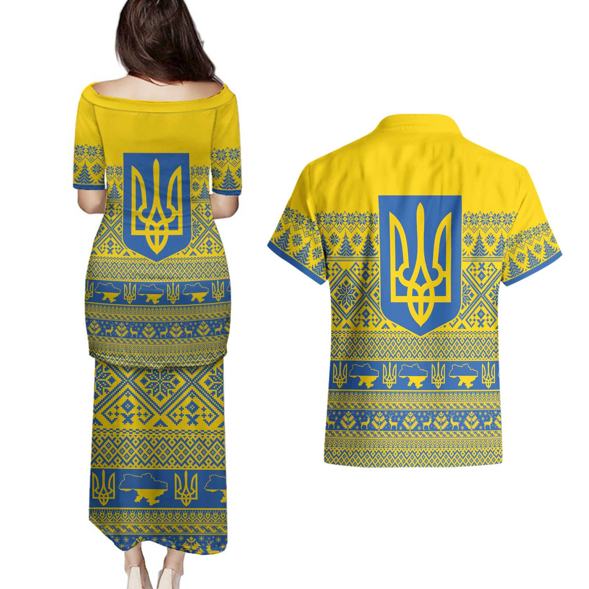 Ukraine Trident Christmas Couples Matching Puletasi and Hawaiian Shirt Vyshyvanka Patterns - Wonder Print Shop