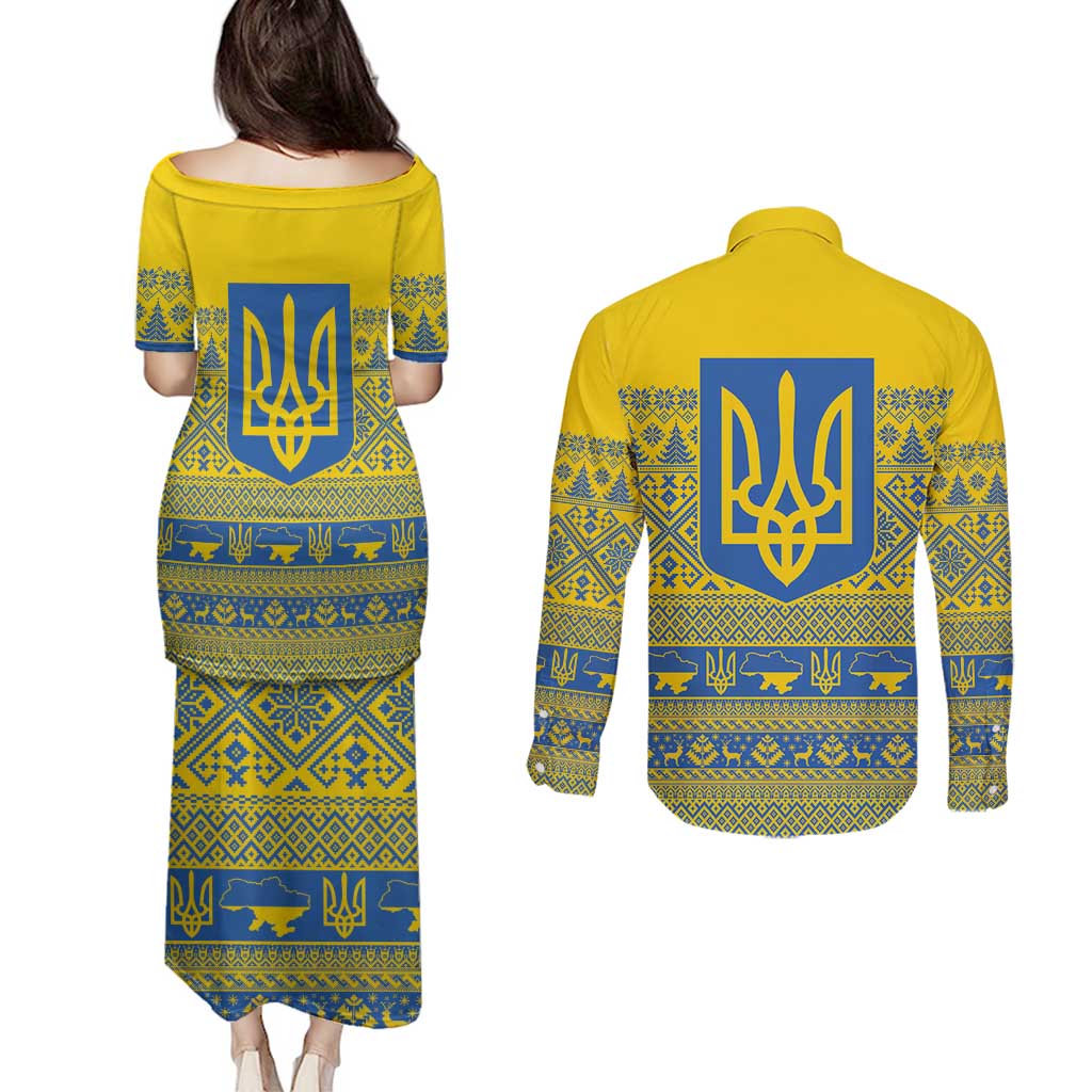 Ukraine Trident Christmas Couples Matching Puletasi and Long Sleeve Button Shirt Vyshyvanka Patterns - Wonder Print Shop