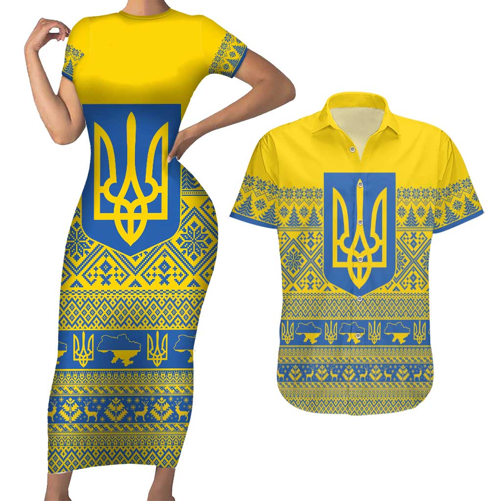 Ukraine Trident Christmas Couples Matching Short Sleeve Bodycon Dress and Hawaiian Shirt Vyshyvanka Patterns - Wonder Print Shop