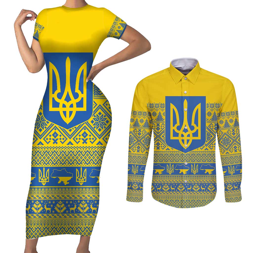 Ukraine Trident Christmas Couples Matching Short Sleeve Bodycon Dress and Long Sleeve Button Shirt Vyshyvanka Patterns - Wonder Print Shop