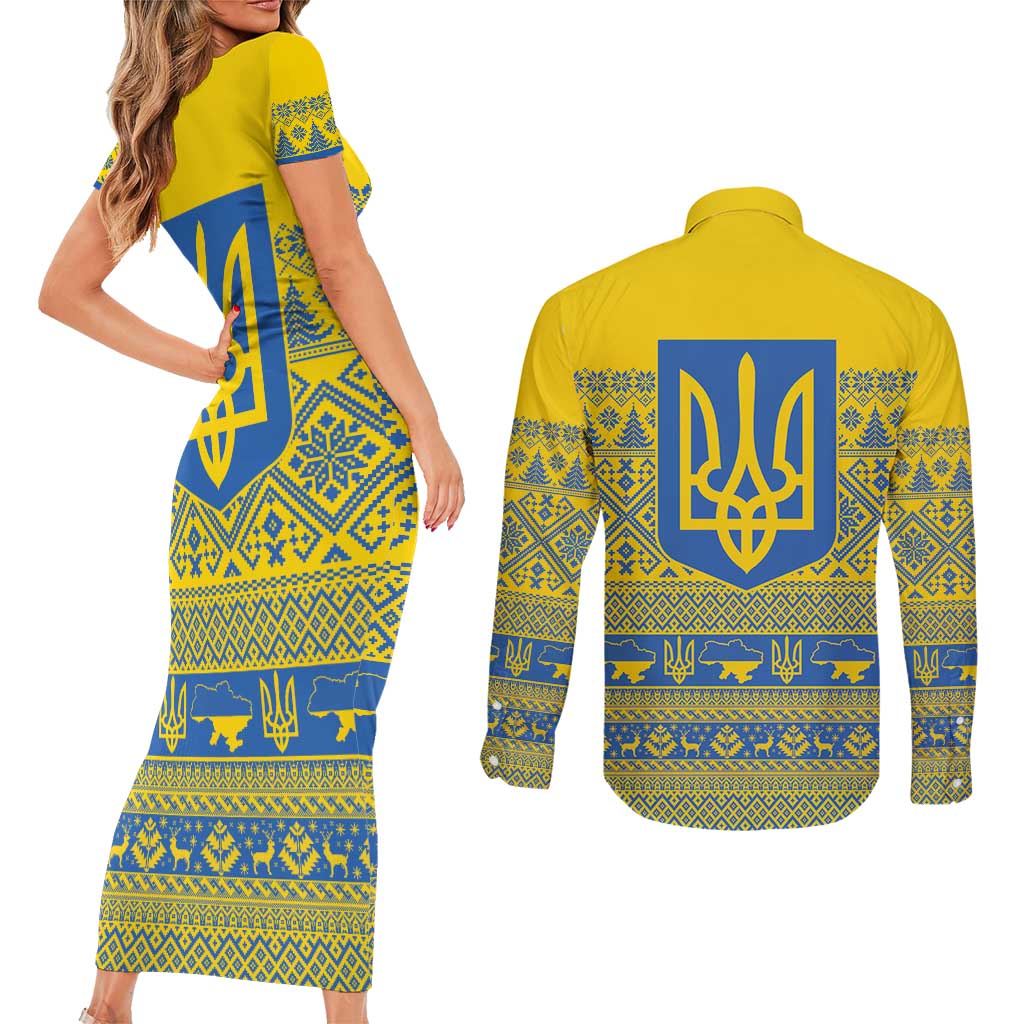 Ukraine Trident Christmas Couples Matching Short Sleeve Bodycon Dress and Long Sleeve Button Shirt Vyshyvanka Patterns - Wonder Print Shop