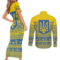 Ukraine Trident Christmas Couples Matching Short Sleeve Bodycon Dress and Long Sleeve Button Shirt Vyshyvanka Patterns - Wonder Print Shop
