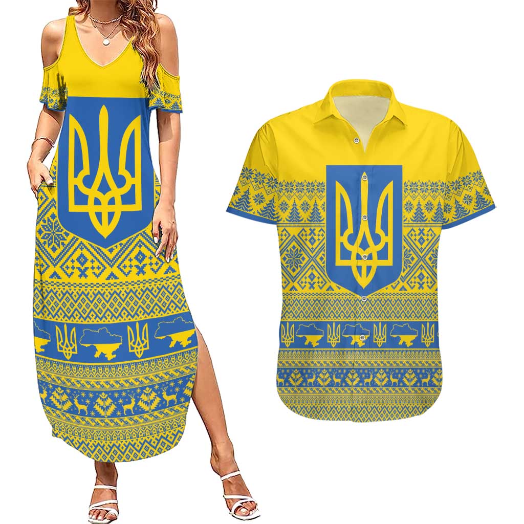 Ukraine Trident Christmas Couples Matching Summer Maxi Dress and Hawaiian Shirt Vyshyvanka Patterns - Wonder Print Shop
