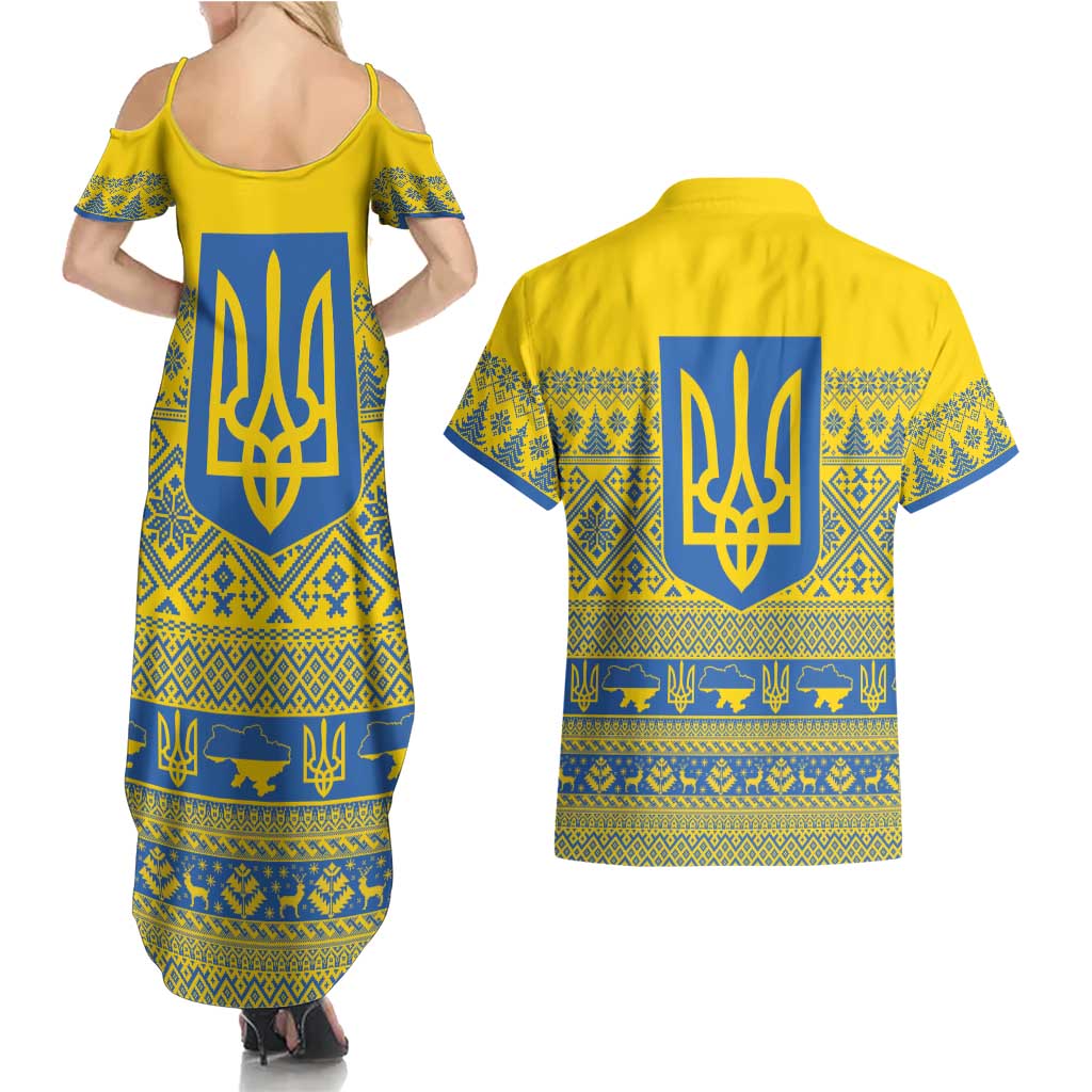 Ukraine Trident Christmas Couples Matching Summer Maxi Dress and Hawaiian Shirt Vyshyvanka Patterns - Wonder Print Shop