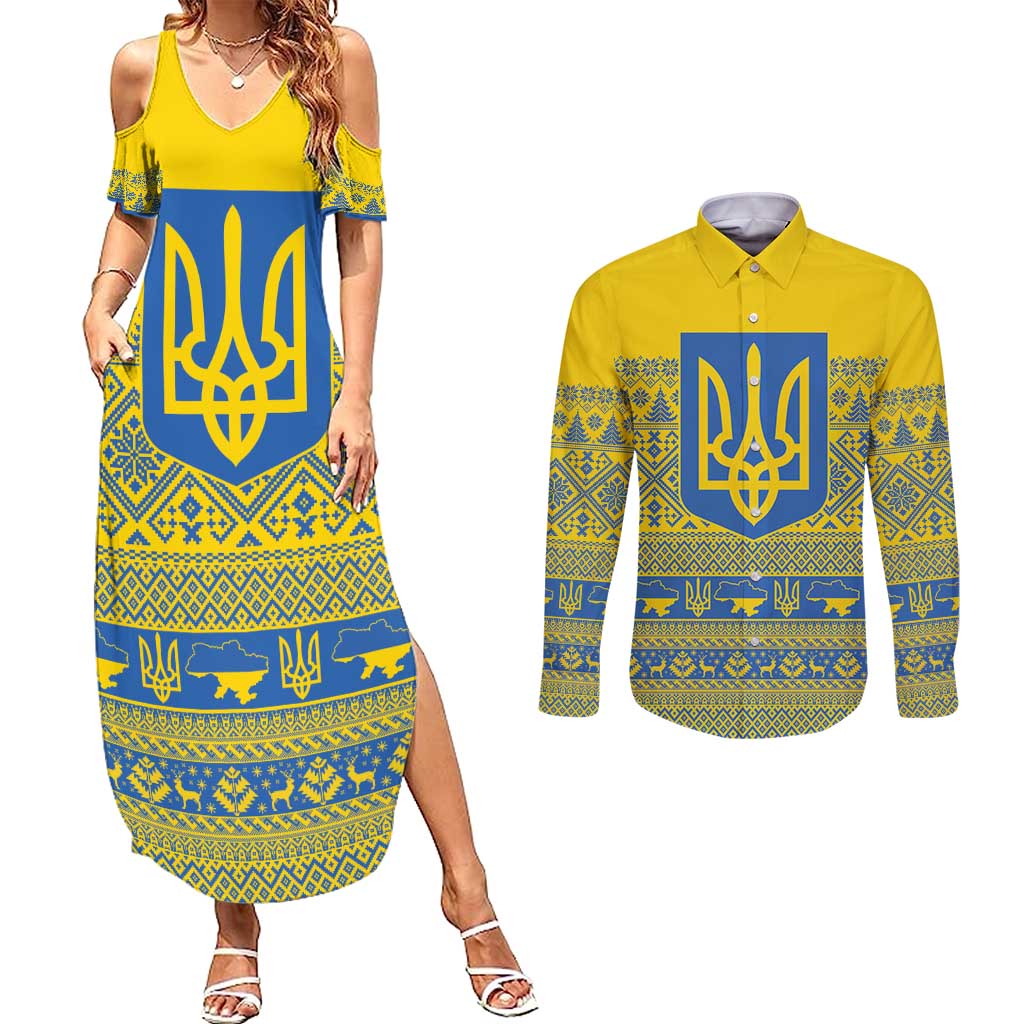 Ukraine Trident Christmas Couples Matching Summer Maxi Dress and Long Sleeve Button Shirt Vyshyvanka Patterns - Wonder Print Shop