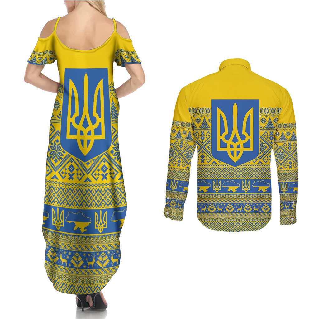 Ukraine Trident Christmas Couples Matching Summer Maxi Dress and Long Sleeve Button Shirt Vyshyvanka Patterns - Wonder Print Shop