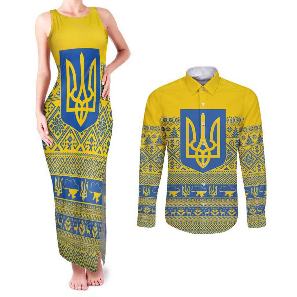Ukraine Trident Christmas Couples Matching Tank Maxi Dress and Long Sleeve Button Shirt Vyshyvanka Patterns - Wonder Print Shop