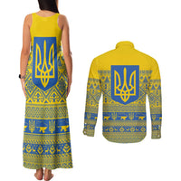 Ukraine Trident Christmas Couples Matching Tank Maxi Dress and Long Sleeve Button Shirt Vyshyvanka Patterns - Wonder Print Shop