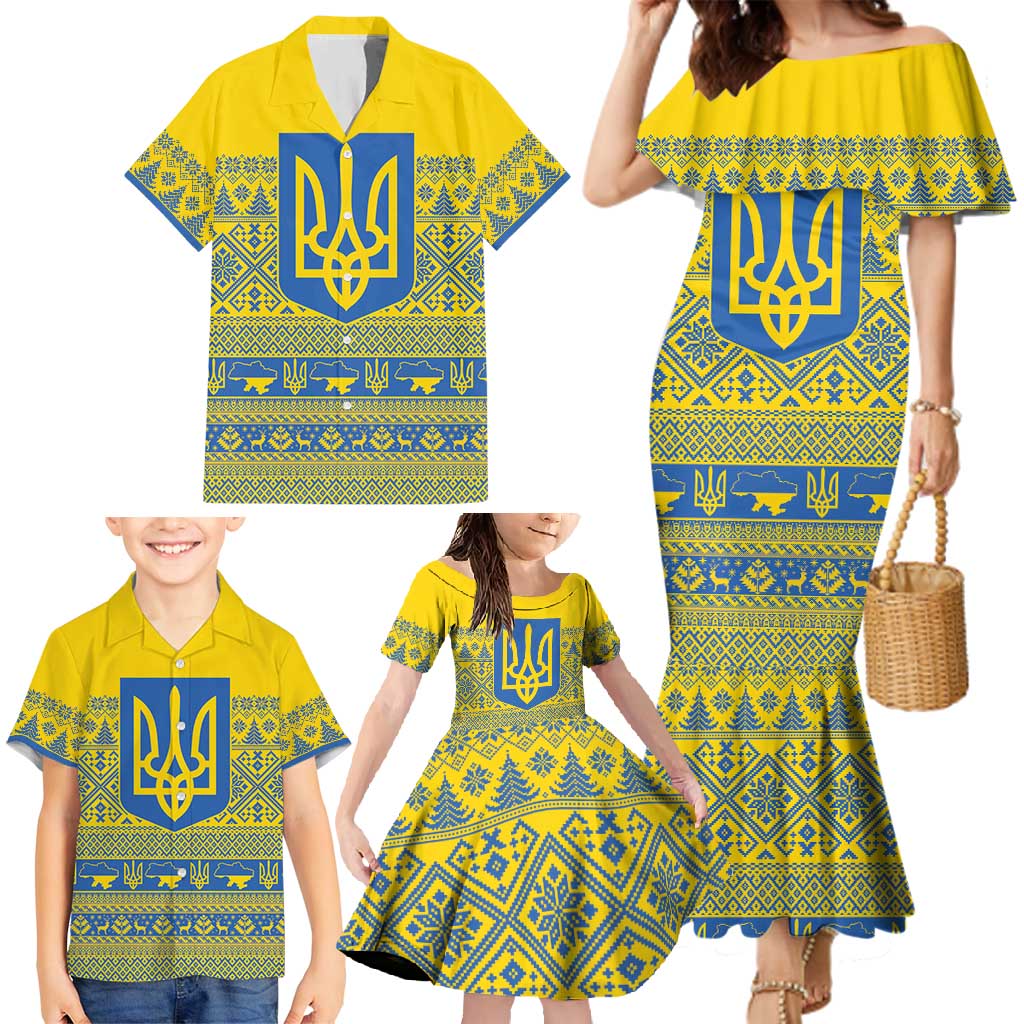 Ukraine Trident Christmas Family Matching Mermaid Dress and Hawaiian Shirt Vyshyvanka Patterns - Wonder Print Shop